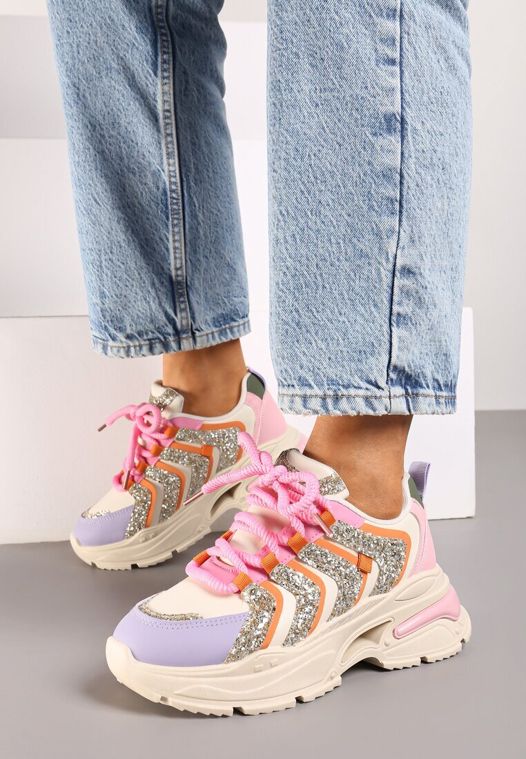  Adidași bej și violet cu șireturi cu platformă decorați cu sclipici Ewla