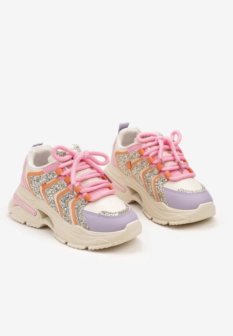  Adidași bej și violet cu șireturi cu platformă decorați cu sclipici Ewla