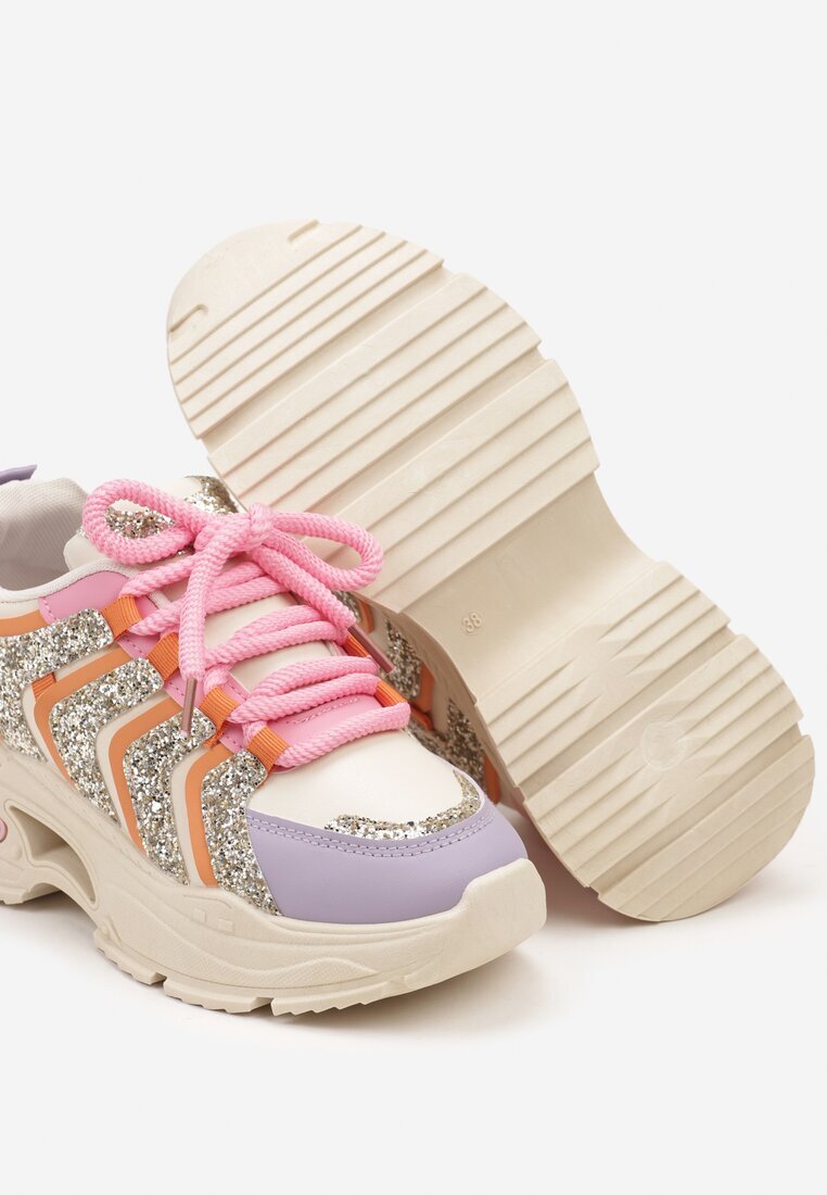  Adidași bej și violet cu șireturi cu platformă decorați cu sclipici Ewla