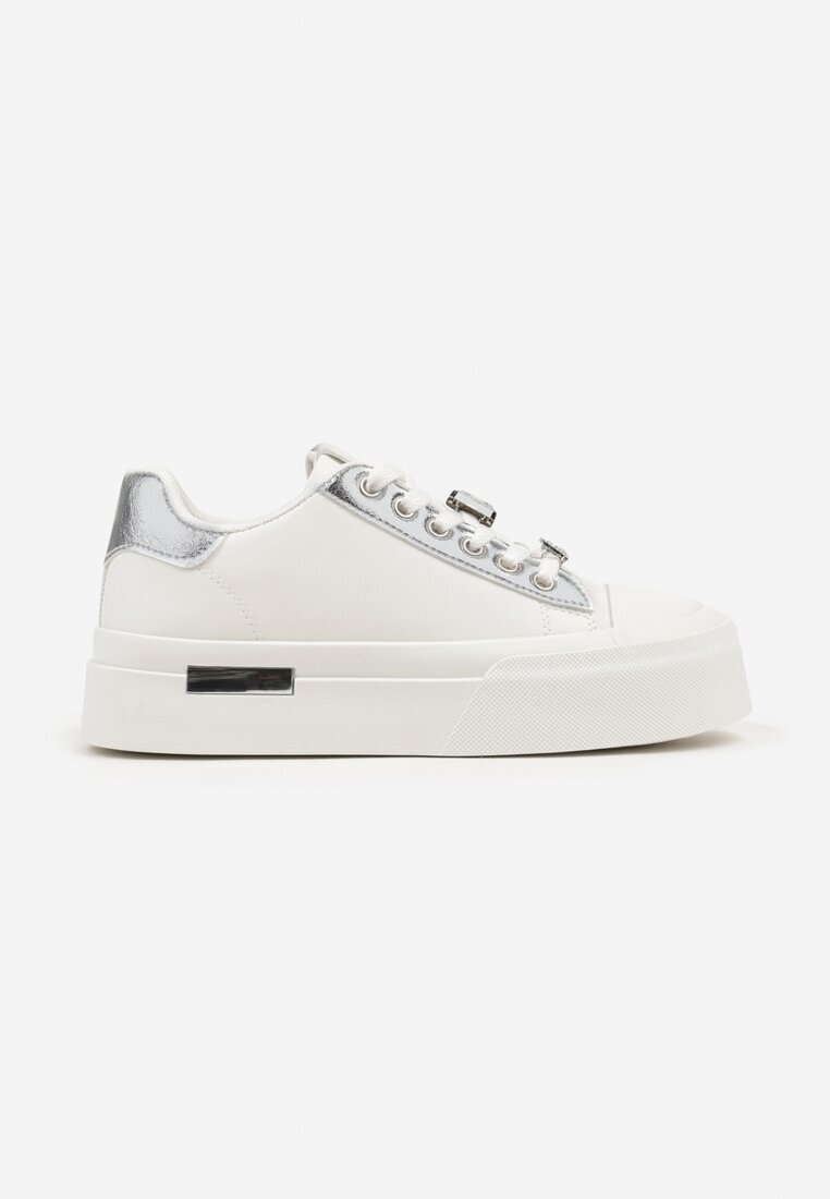  Adidași Casual Alb-Argintii cu platformă decorați cu zirconii și inserții metalice Primaria
