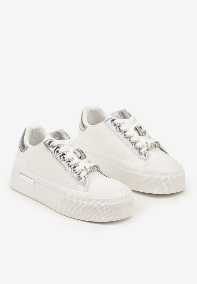  Adidași Casual Alb-Argintii cu platformă decorați cu zirconii și inserții metalice Primaria