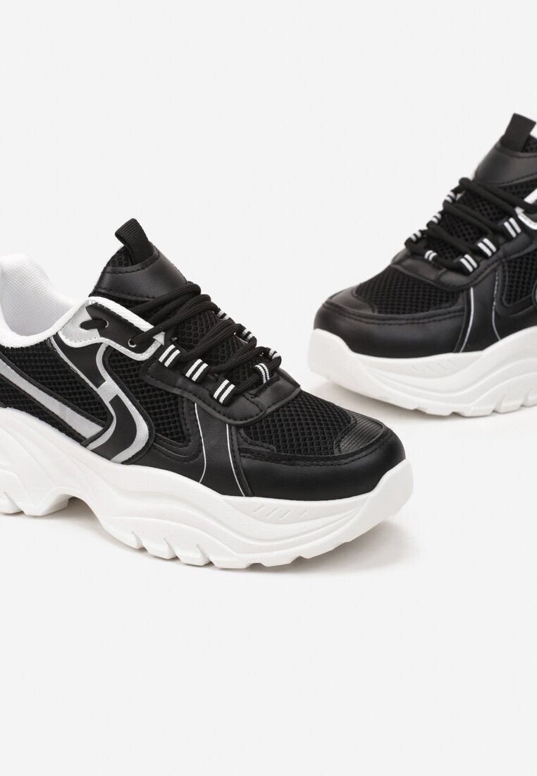  Adidași Negri cu Cusături și Inserții din Piele Ecologică Metalizată Tineal