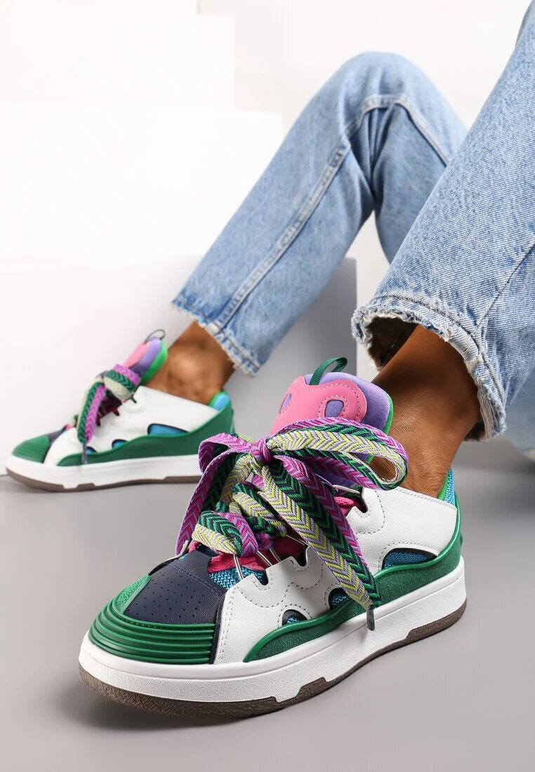  Adidași Verde cu Șireturi Decorative și Inserție pe Limbă Cristen