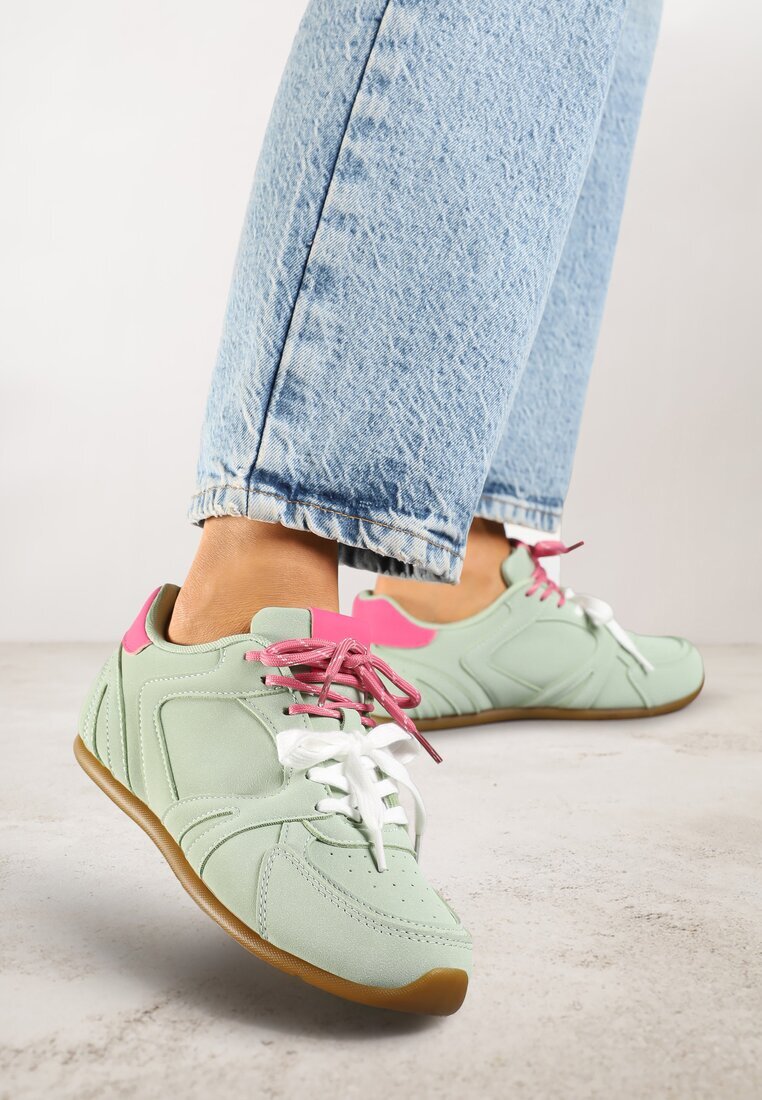  Adidași Verde deschis decorate cu cusături și șireturi duble Telisaria
