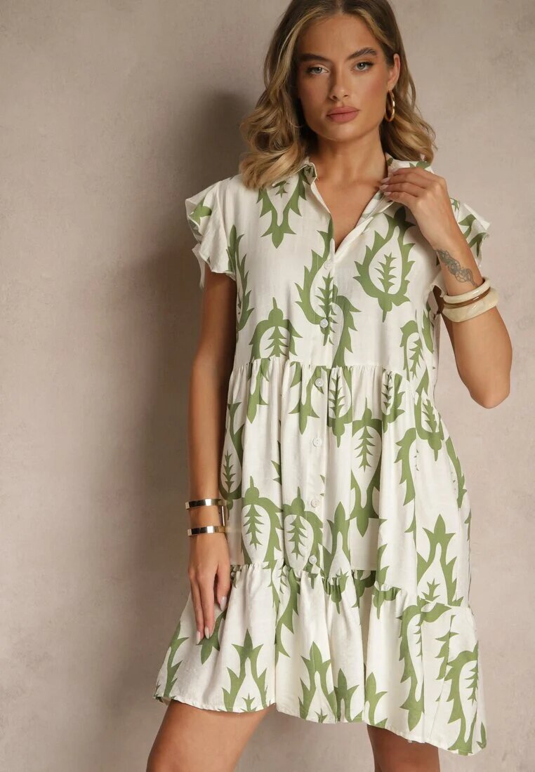ainuosi Rochie Tip Cămașă Verde din In și Viscoză cu Croială Evazată Aranese