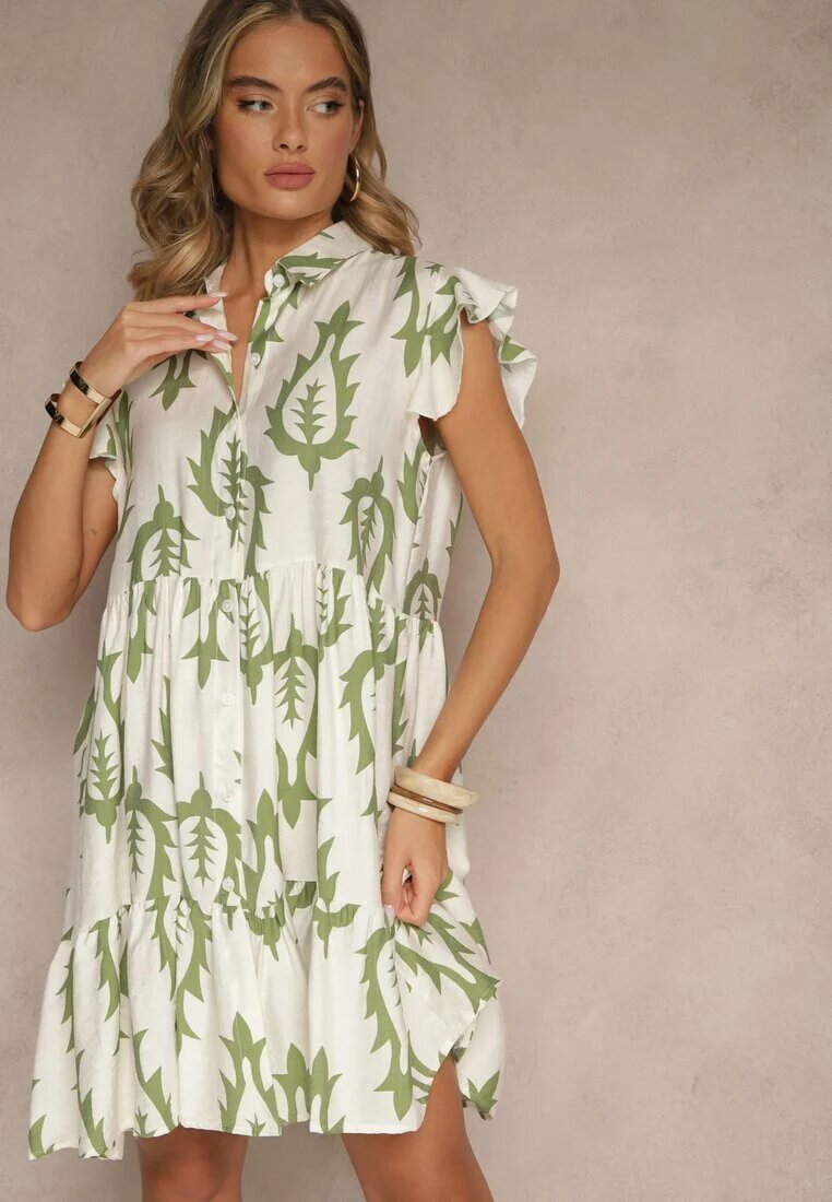 ainuosi Rochie Tip Cămașă Verde din In și Viscoză cu Croială Evazată Aranese