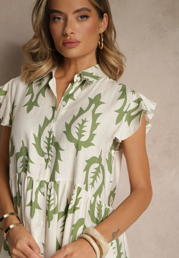ainuosi Rochie Tip Cămașă Verde din In și Viscoză cu Croială Evazată Aranese