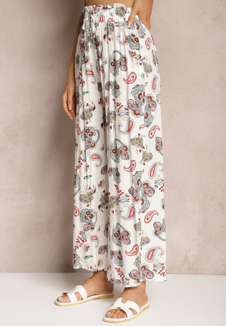 airisa Pantaloni Alb și Roz din Bumbac Stil Palazzo Boho cu elastic în talie și talie înaltă Pravia