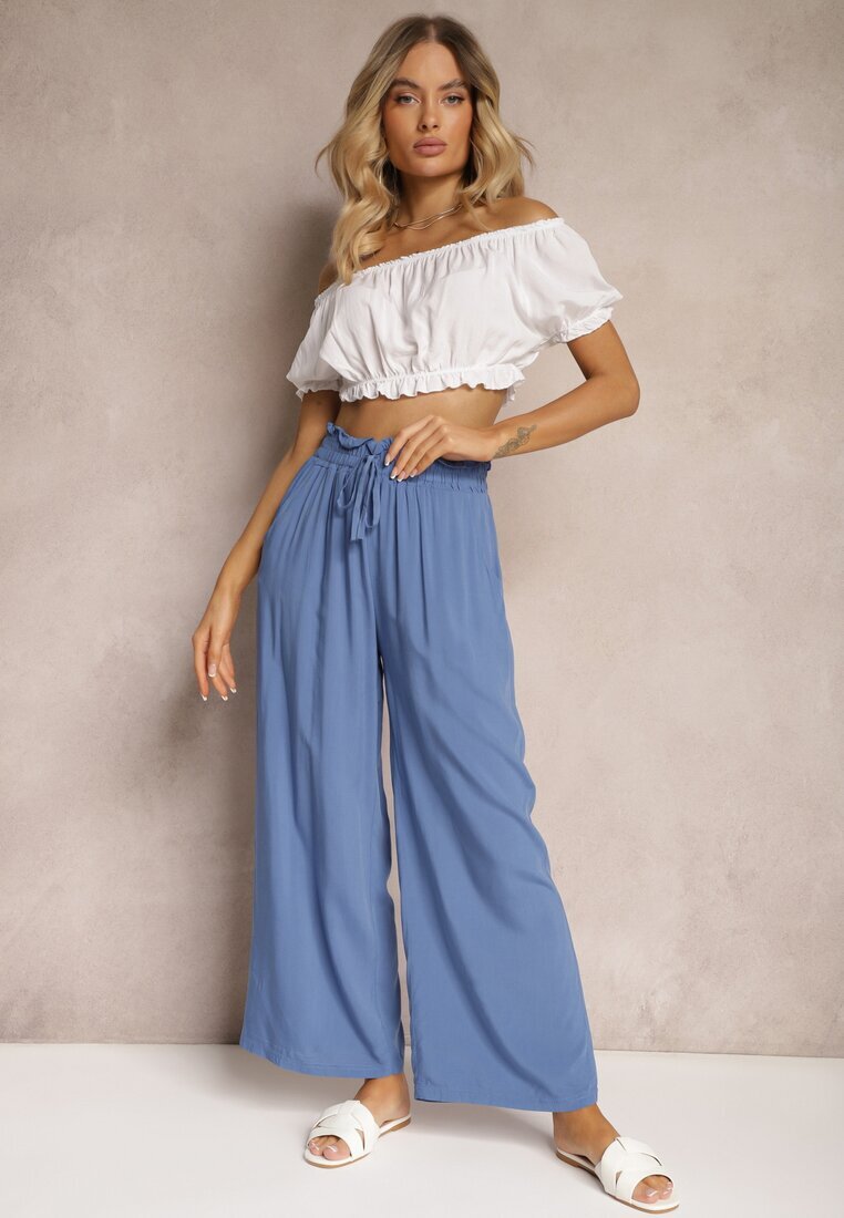 airisa Pantaloni Albastri Palazzo cu Talie Înaltă din Bumbac cu Elastic în Talie Nellsea