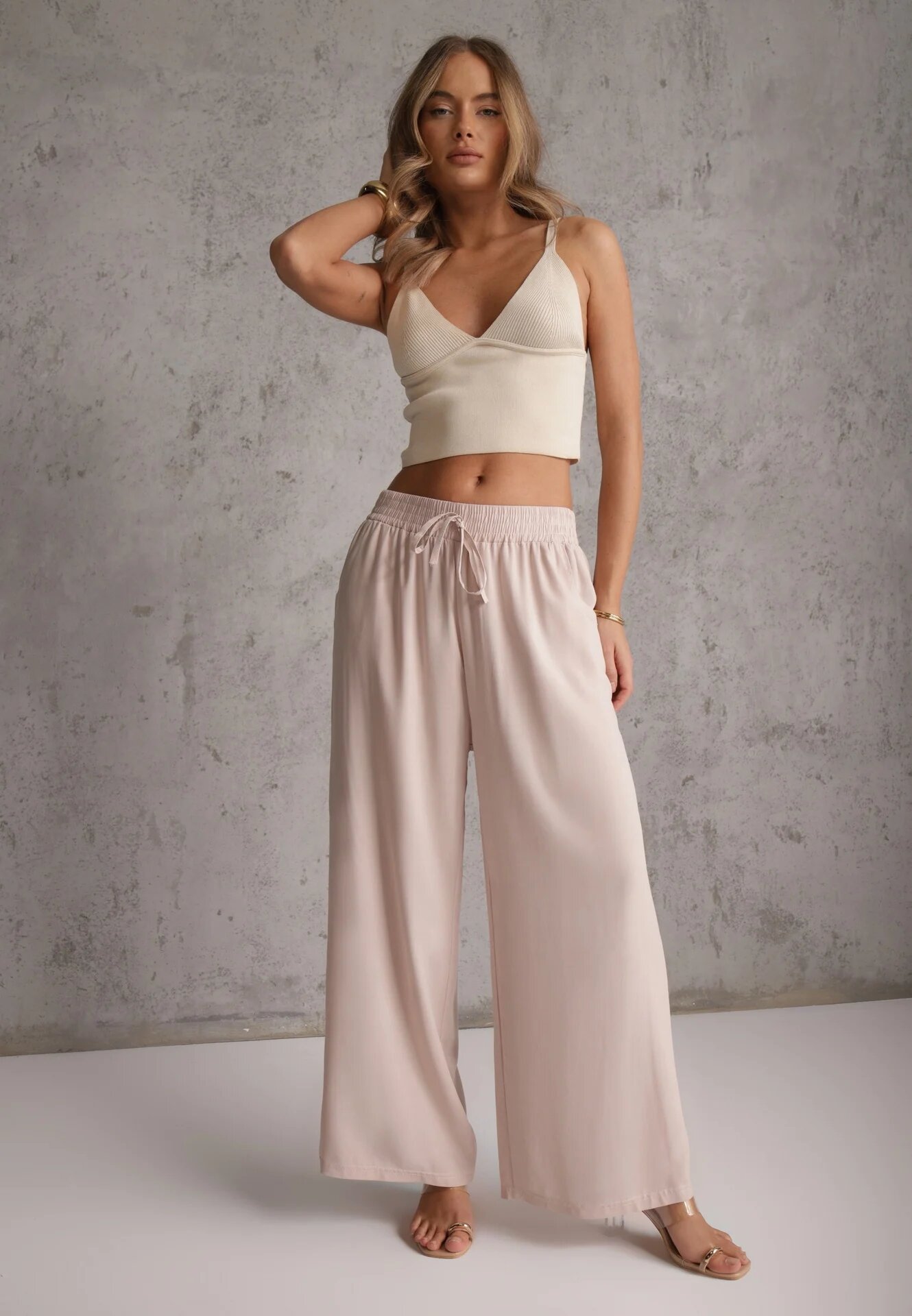 airisa Pantaloni Bej deschis Din bumbac Palazzo High Waist cu elastic în talie Gitanea