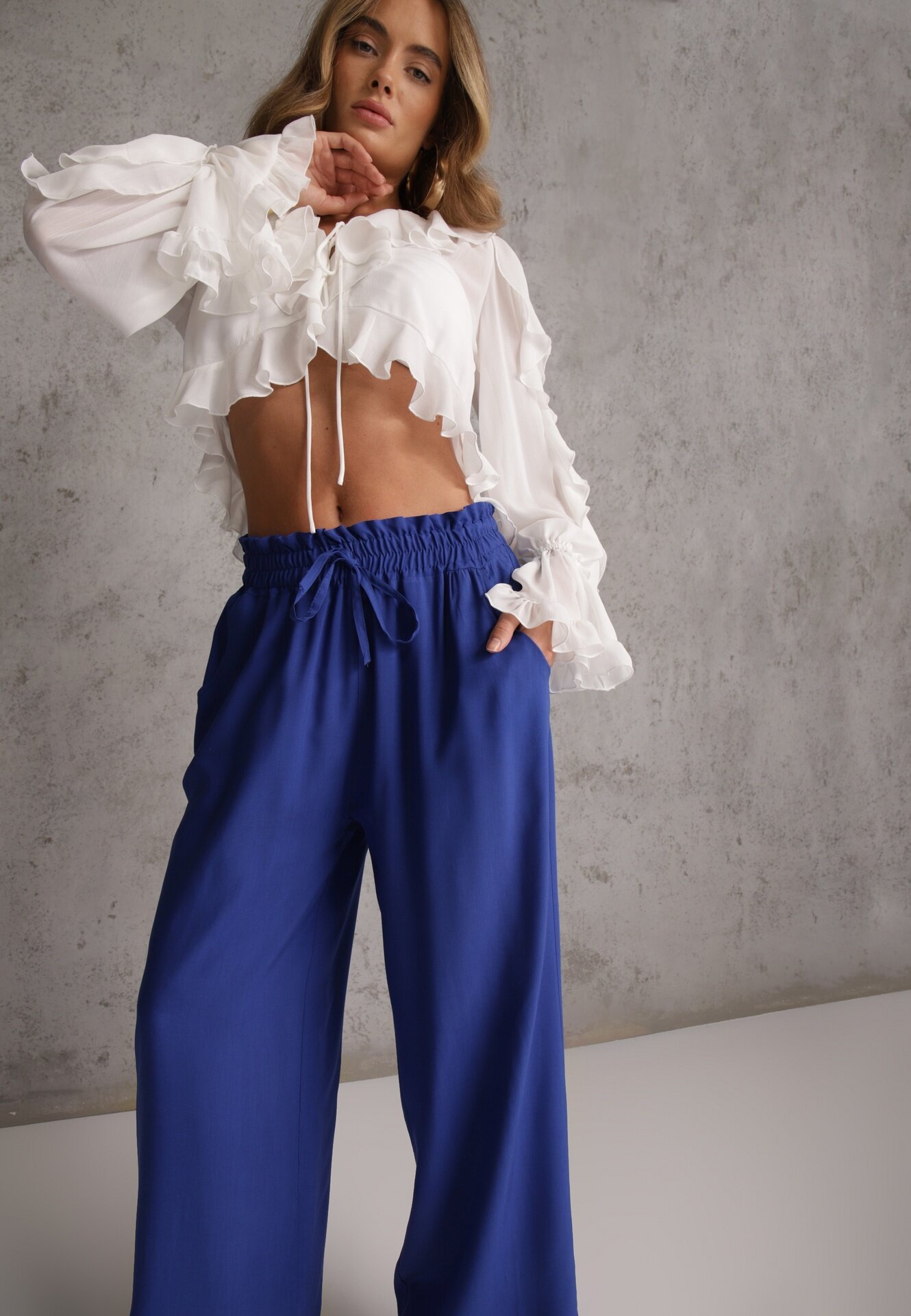 airisa Pantaloni bleumarin din bumbac tip Palazzo cu talie înaltă cu elastic în talie Nelsaria
