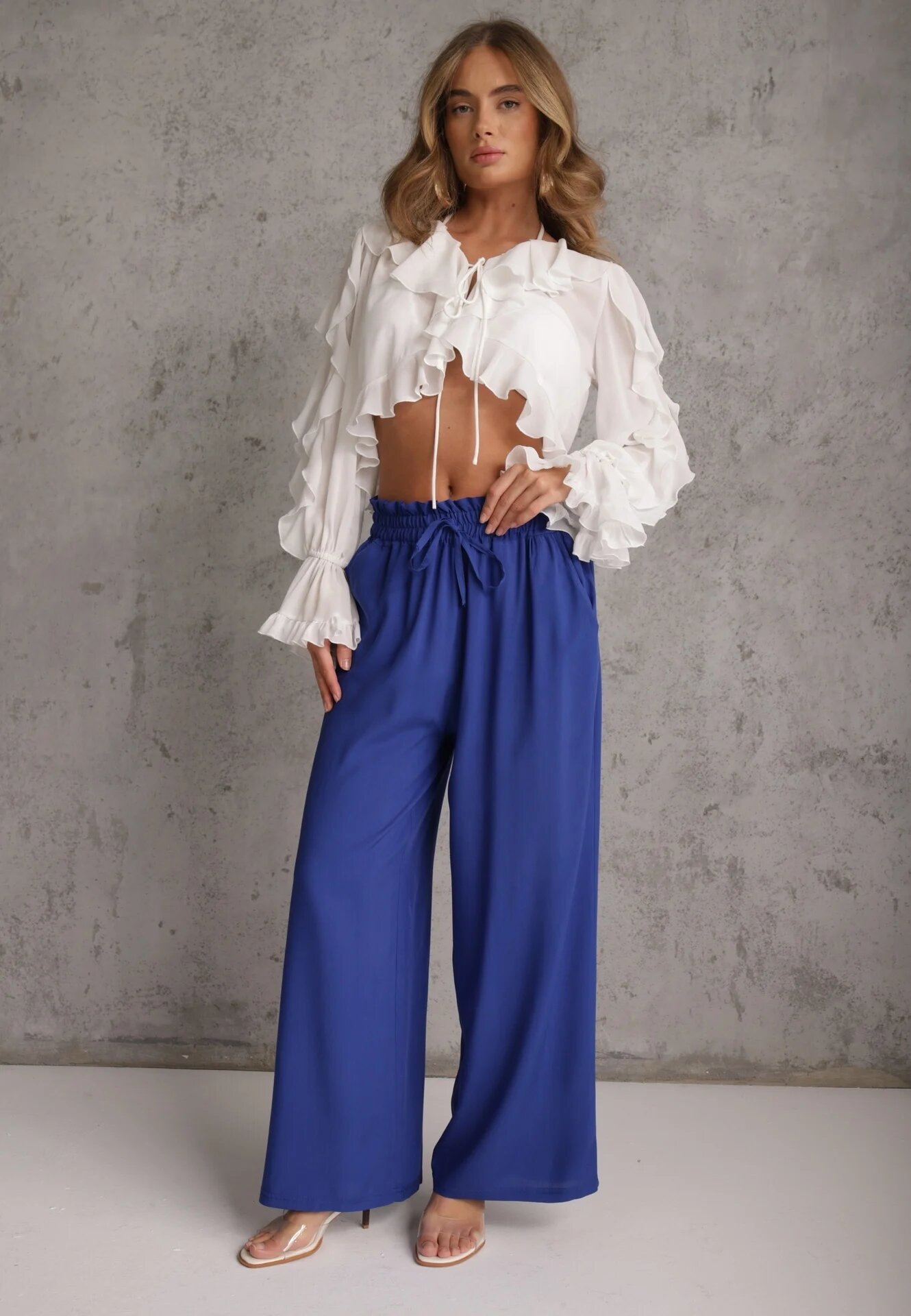 airisa Pantaloni bleumarin din bumbac tip Palazzo cu talie înaltă cu elastic în talie Nelsaria