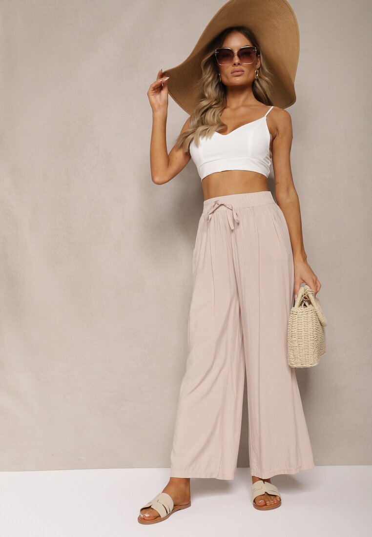 airisa Pantaloni culotte bej din bumbac largi High Waist cu elastic în talie Evitaes
