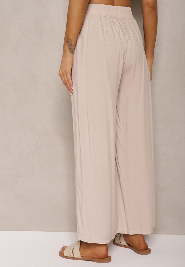 airisa Pantaloni culotte bej din bumbac largi High Waist cu elastic în talie Evitaes