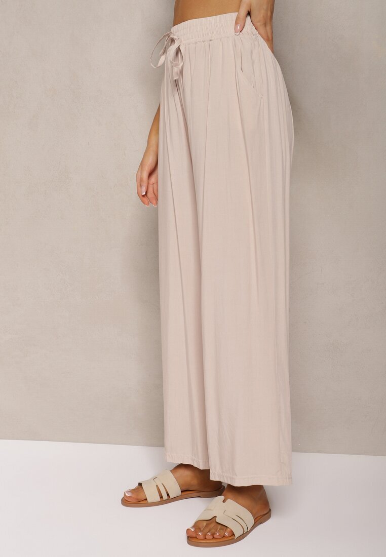 airisa Pantaloni culotte bej din bumbac largi High Waist cu elastic în talie Evitaes