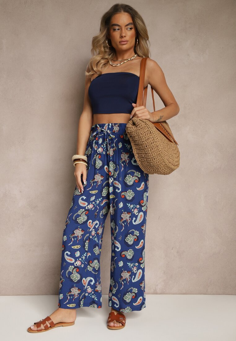 airisa Pantaloni Din bumbac Albastri Boho Stil palazzo Cu elastic în talie și Talie înaltă Pravia