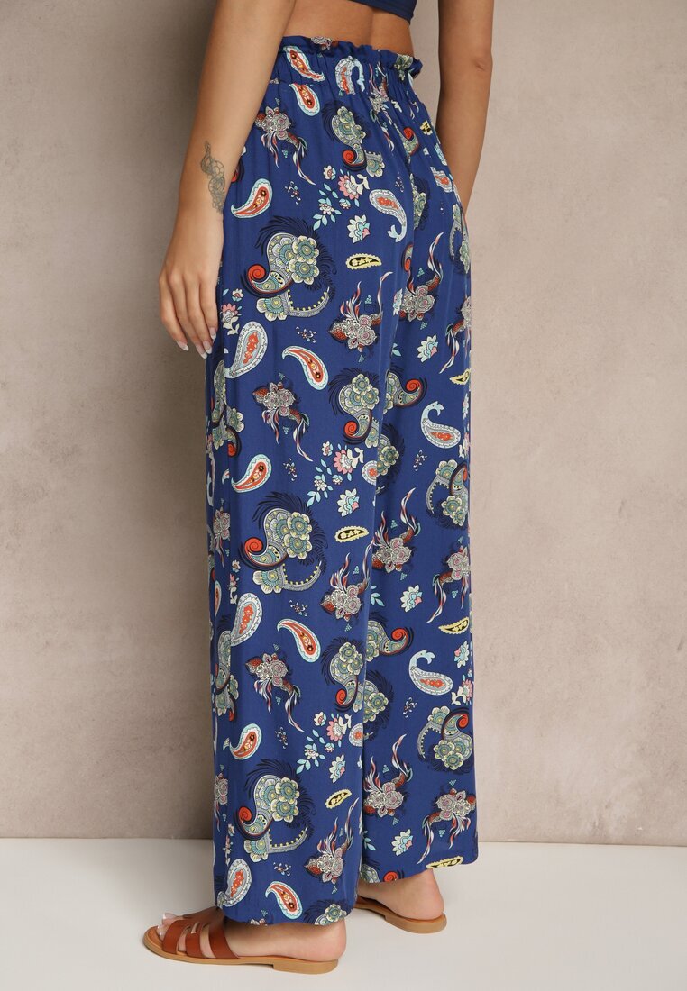 airisa Pantaloni Din bumbac Albastri Boho Stil palazzo Cu elastic în talie și Talie înaltă Pravia