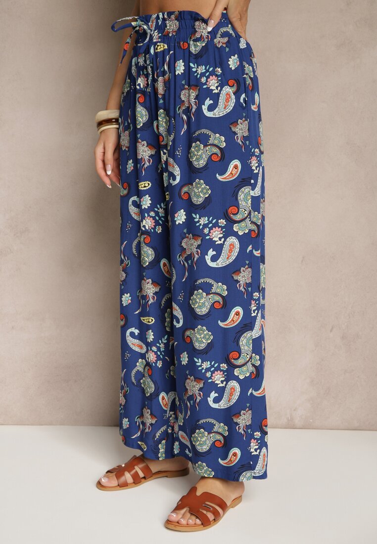 airisa Pantaloni Din bumbac Albastri Boho Stil palazzo Cu elastic în talie și Talie înaltă Pravia