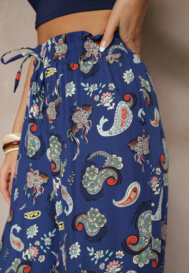 airisa Pantaloni Din bumbac Albastri Boho Stil palazzo Cu elastic în talie și Talie înaltă Pravia