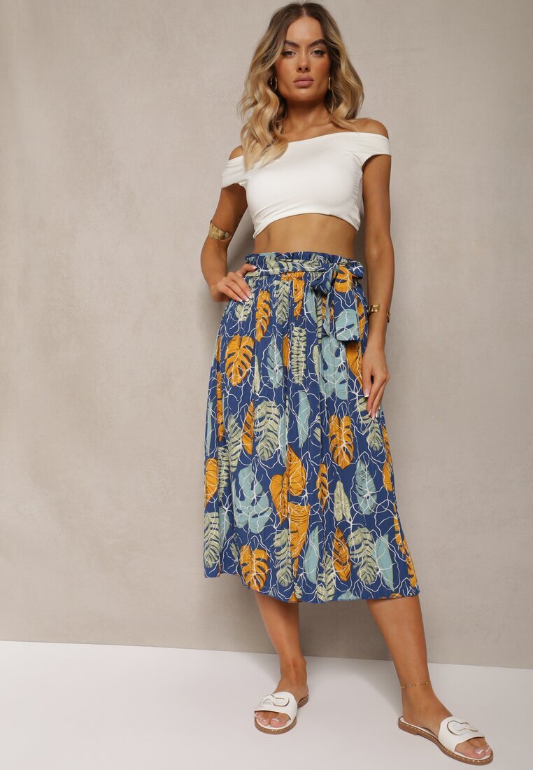 airisa Pantaloni largi Albastru-Galben cu bumbac High Waist Finisate cu elastic în talie Pasefia