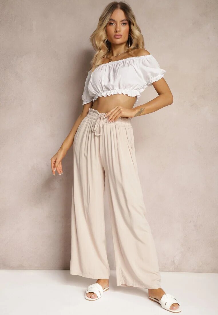 airisa Pantaloni Palazzo Bej deschis Cu talie înaltă Din bumbac Cu elastic în talie Nellsea