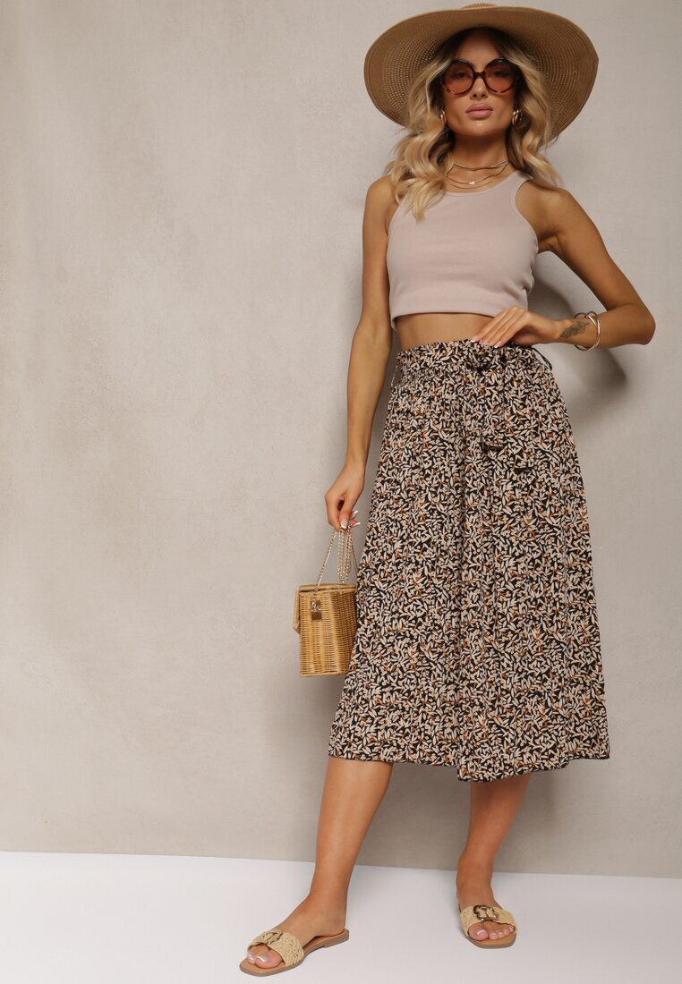 airisa Pantaloni palazzo negru-bej plisati cu talie inalta cu centura din material și elastic în talie Isefia