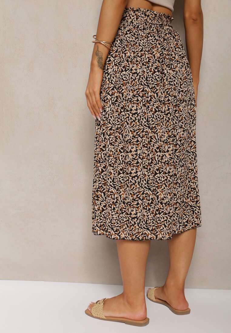 airisa Pantaloni palazzo negru-bej plisati cu talie inalta cu centura din material și elastic în talie Isefia