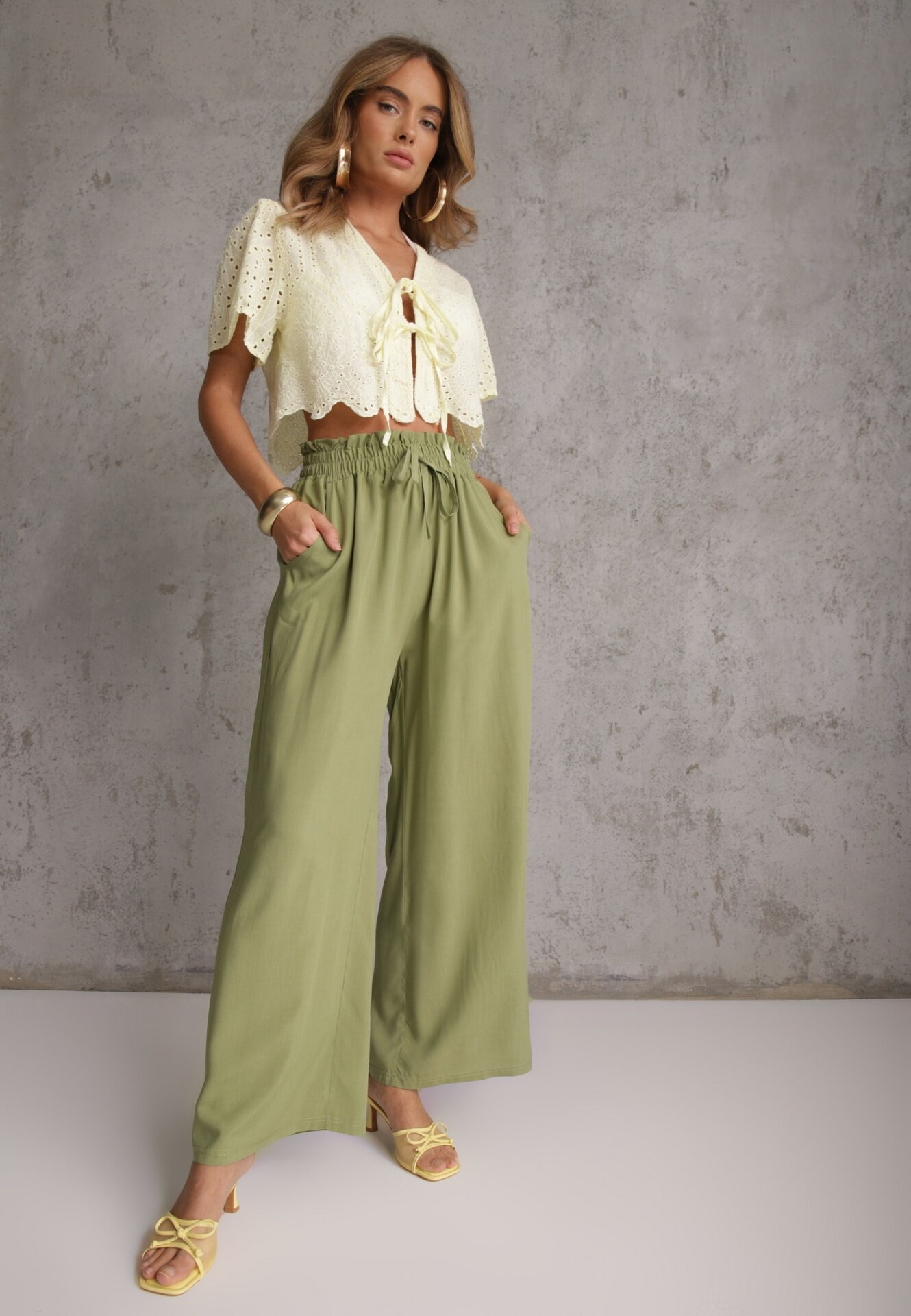 airisa Pantaloni verde deschis din bumbac tip Palazzo cu talie înaltă cu elastic în talie Nelsaria