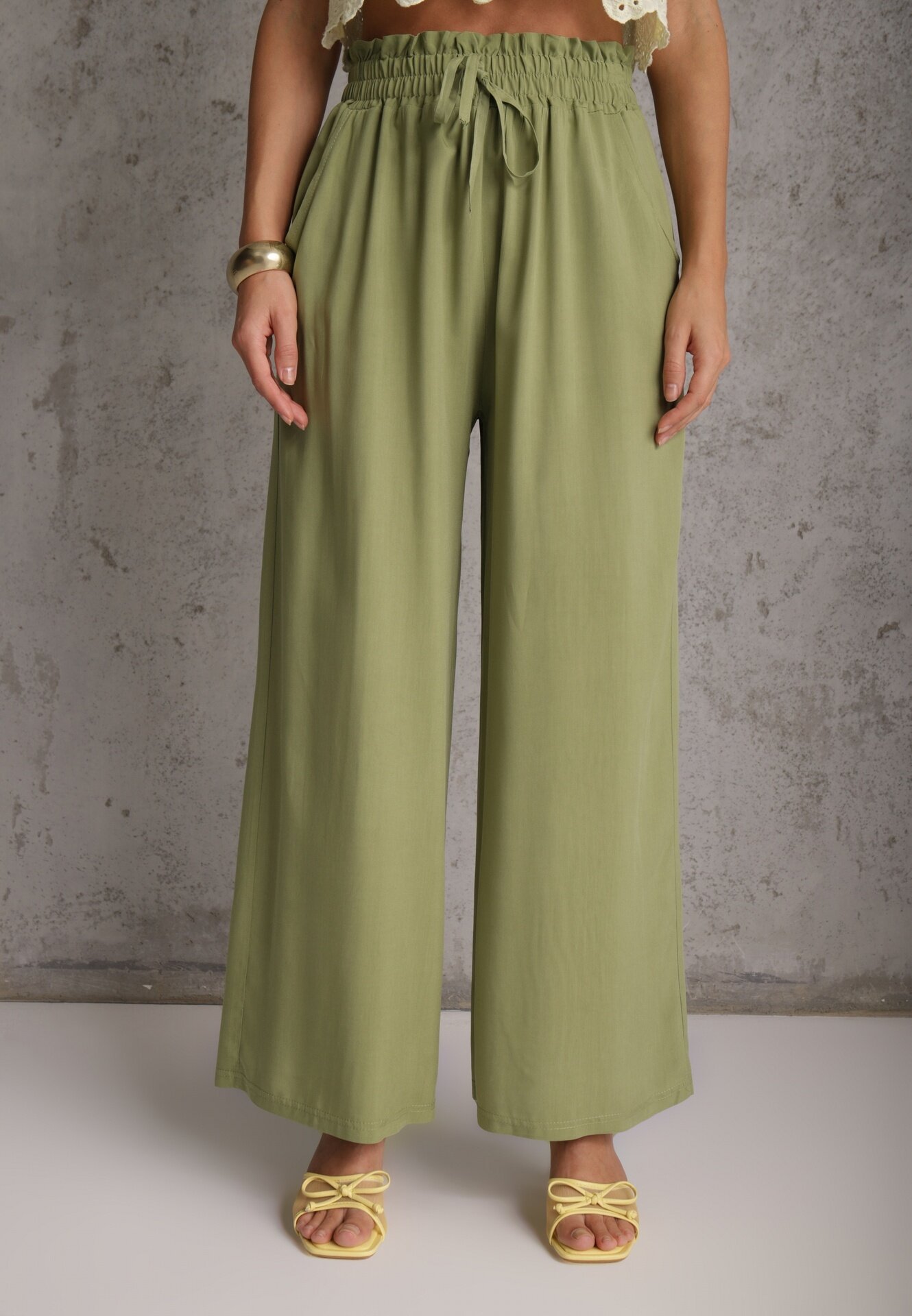 airisa Pantaloni verde deschis din bumbac tip Palazzo cu talie înaltă cu elastic în talie Nelsaria