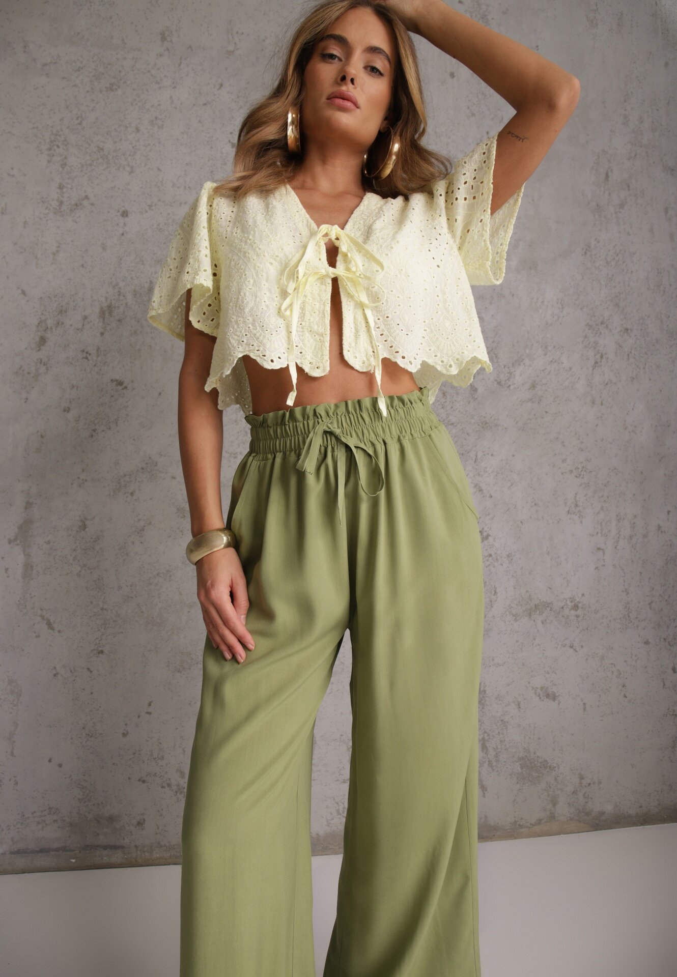 airisa Pantaloni verde deschis din bumbac tip Palazzo cu talie înaltă cu elastic în talie Nelsaria