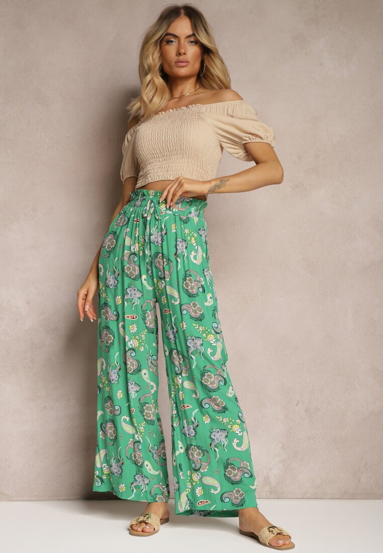 airisa Pantaloni Verzi Din Bumbac Boho Stil Palazzo cu Elastic în Talie și Talie Înaltă Pravia