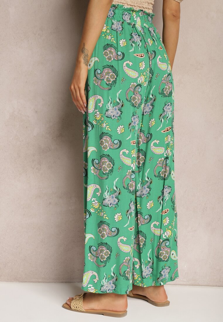 airisa Pantaloni Verzi Din Bumbac Boho Stil Palazzo cu Elastic în Talie și Talie Înaltă Pravia