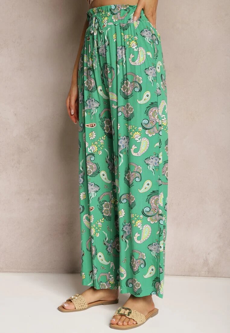 airisa Pantaloni Verzi Din Bumbac Boho Stil Palazzo cu Elastic în Talie și Talie Înaltă Pravia