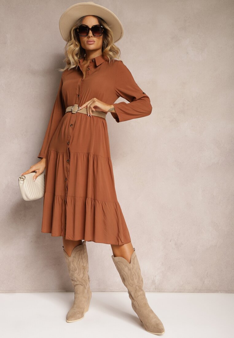 airisa Rochie Evazată Maro din bumbac stil cămașă Canidre