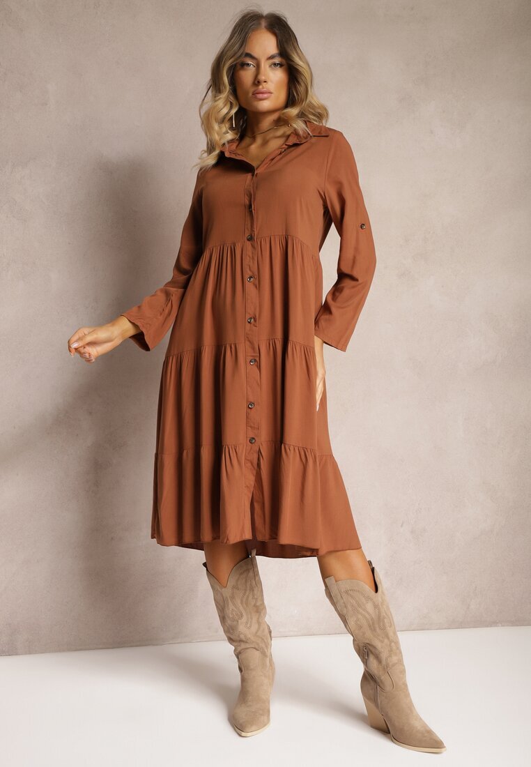 airisa Rochie Evazată Maro din bumbac stil cămașă Canidre