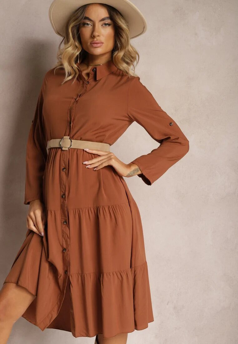 airisa Rochie Evazată Maro din bumbac stil cămașă Canidre