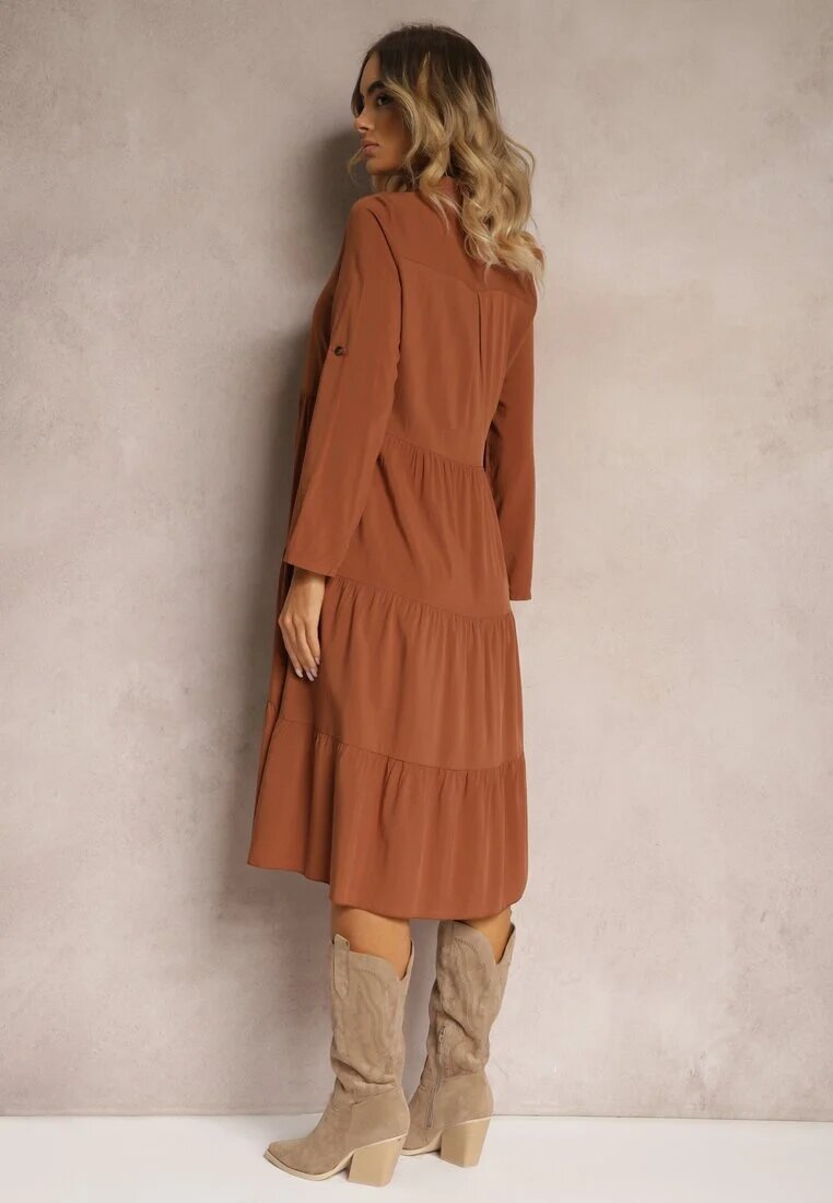 airisa Rochie Evazată Maro din bumbac stil cămașă Canidre