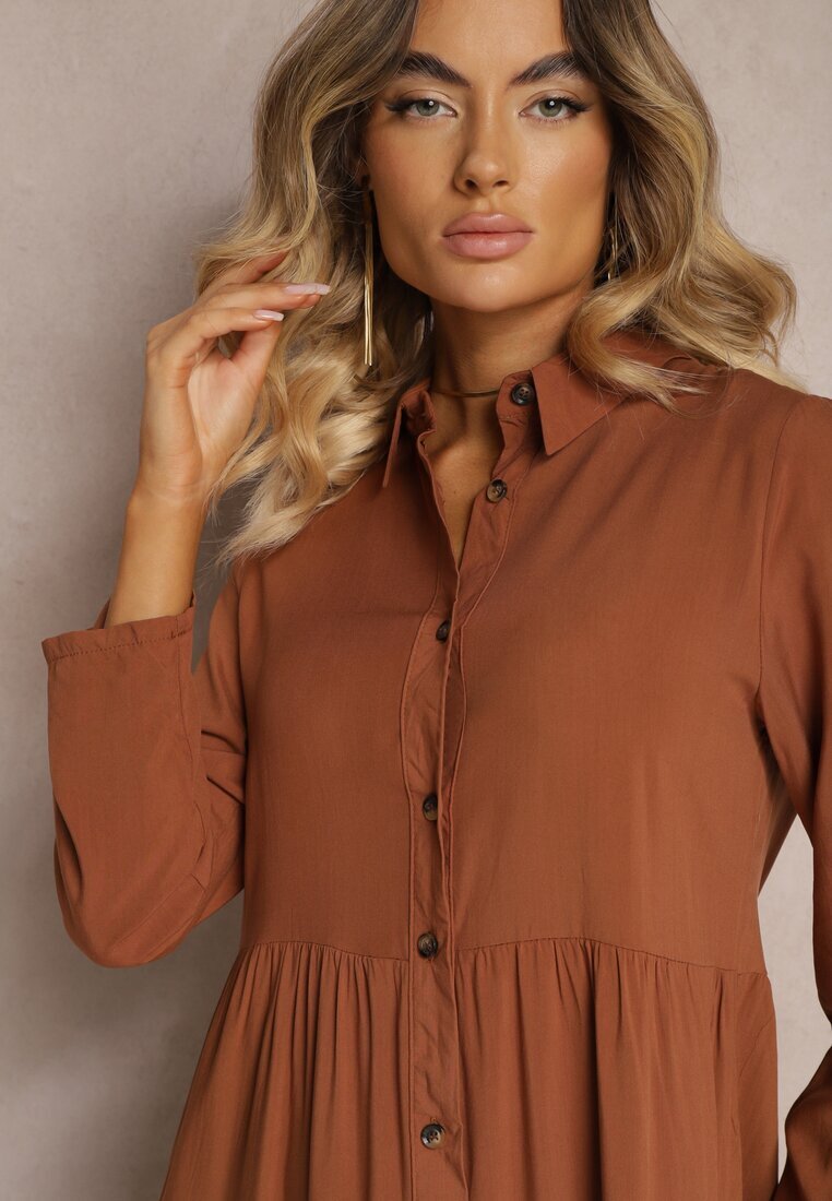 airisa Rochie Evazată Maro din bumbac stil cămașă Canidre