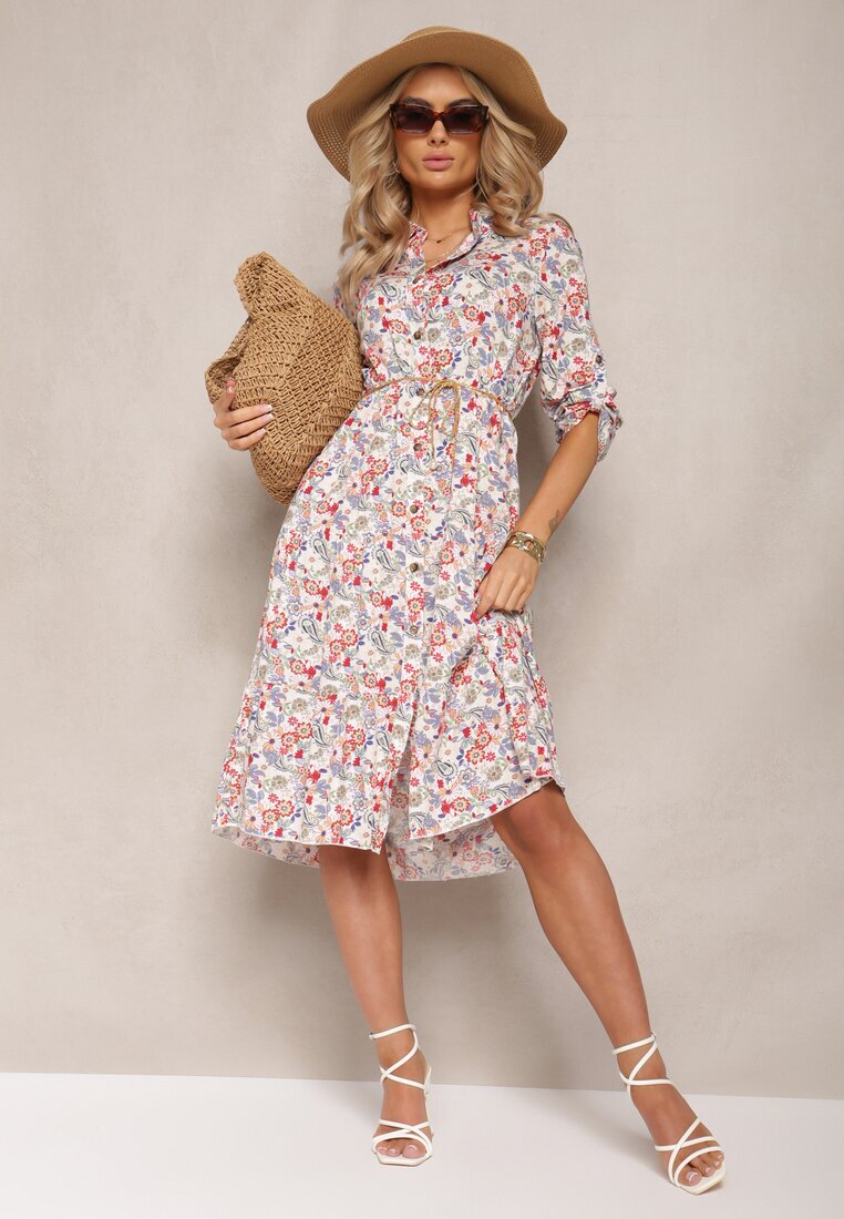 airisa Rochie Evazată Midi Alb-Roz din Bumbac Decorată cu flori Menomia