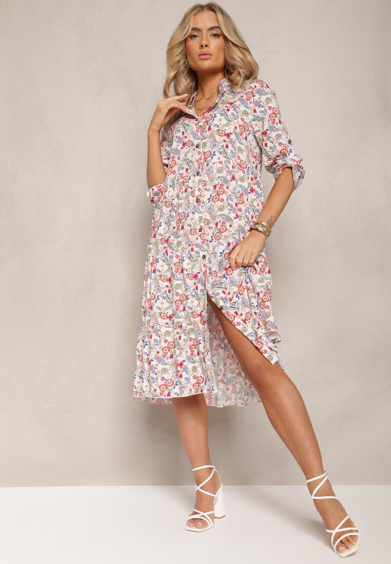 airisa Rochie Evazată Midi Alb-Roz din Bumbac Decorată cu flori Menomia