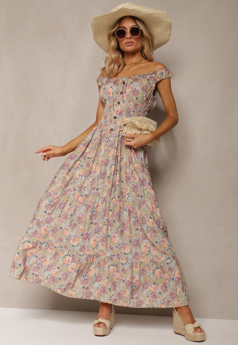 airisa Rochie Florală Verde deschis Evazată din bumbac cu bretele Kalassia