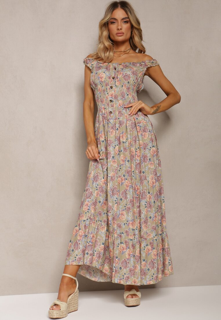 airisa Rochie Florală Verde deschis Evazată din bumbac cu bretele Kalassia