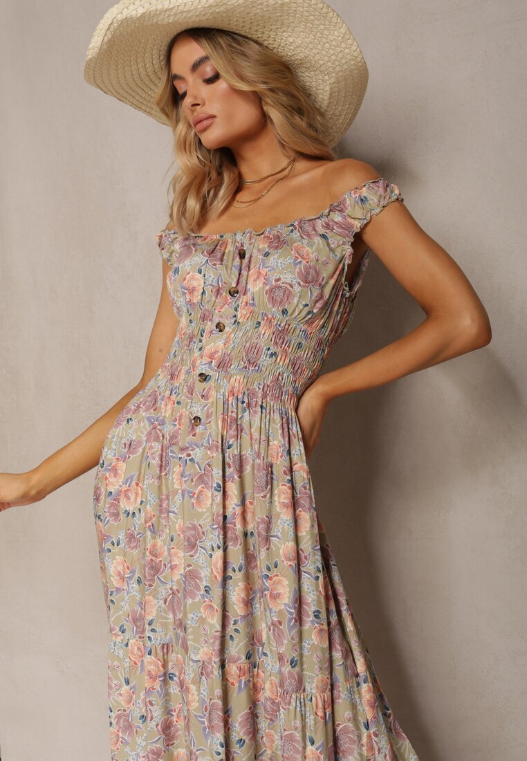airisa Rochie Florală Verde deschis Evazată din bumbac cu bretele Kalassia