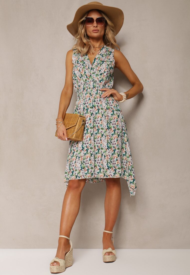 airisa Rochie Florală Verde din Bumbac cu Decolteu Petrecut și Croială Cloș Crosa