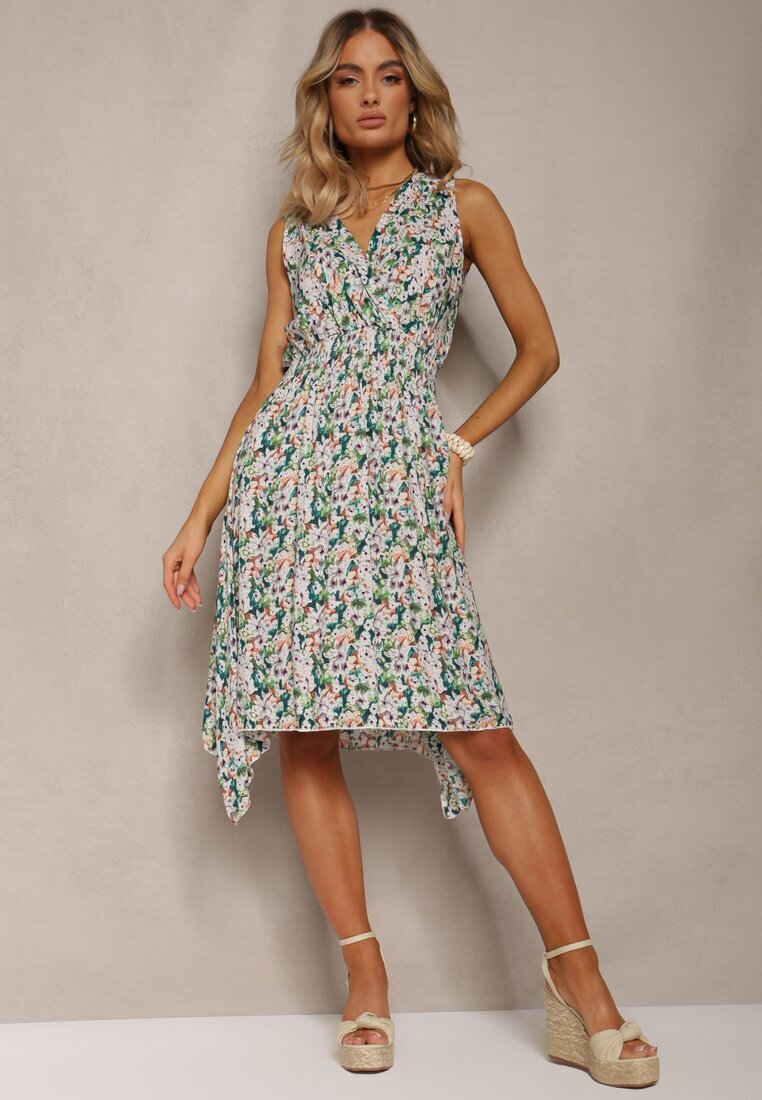 airisa Rochie Florală Verde din Bumbac cu Decolteu Petrecut și Croială Cloș Crosa