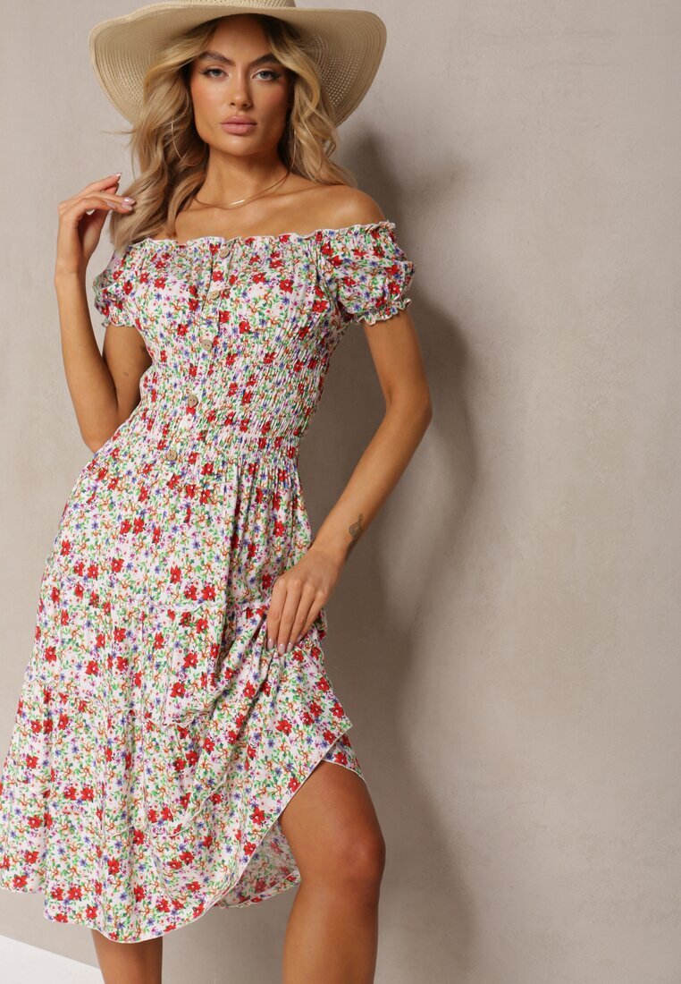 airisa Rochie Midi Alb-Roz Hispanka din Bumbac cu Model Floral Assetni