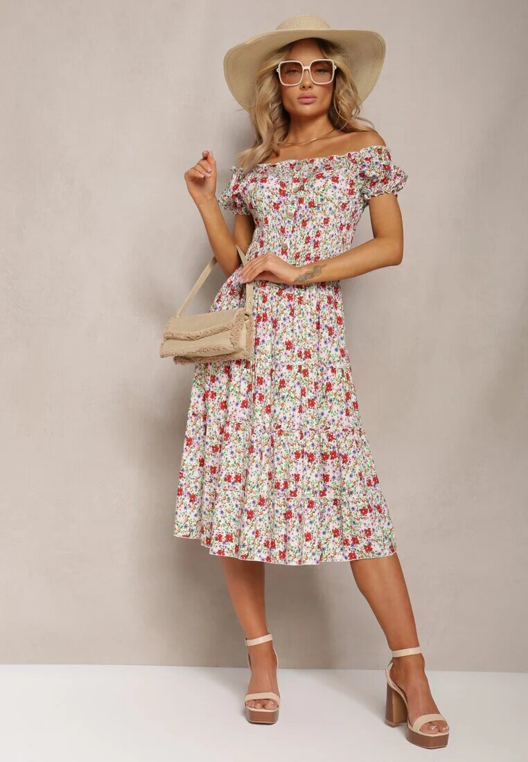 airisa Rochie Midi Alb-Roz Hispanka din Bumbac cu Model Floral Assetni