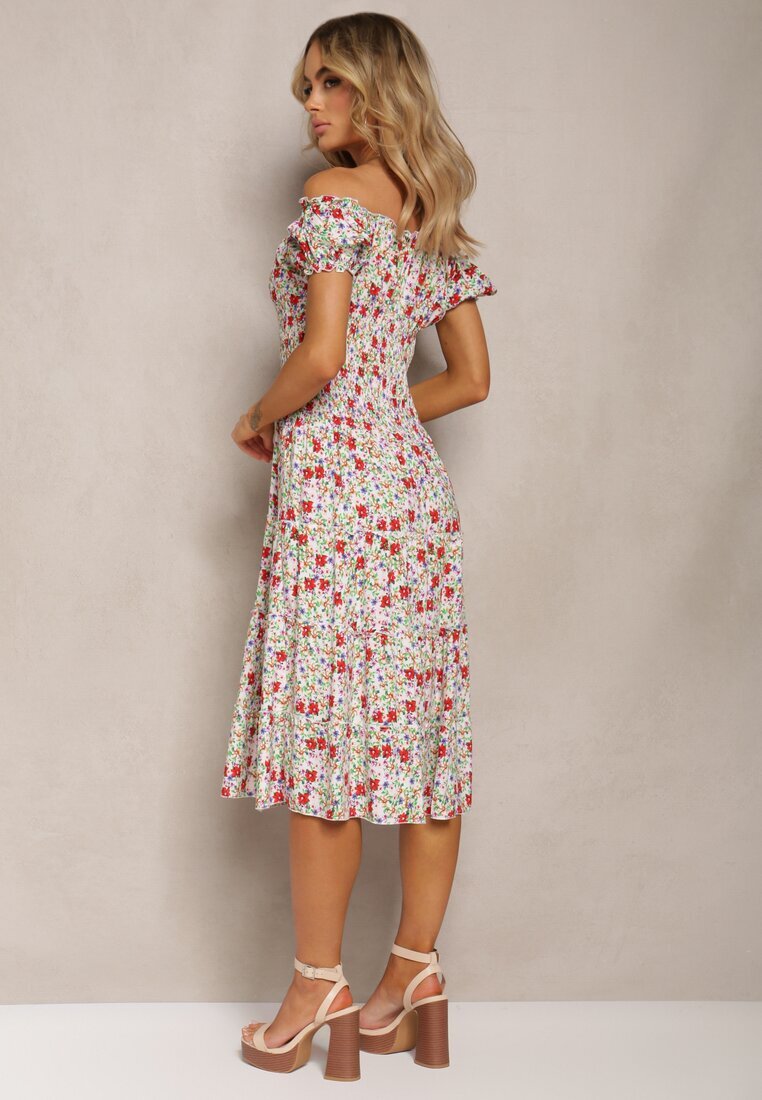 airisa Rochie Midi Alb-Roz Hispanka din Bumbac cu Model Floral Assetni
