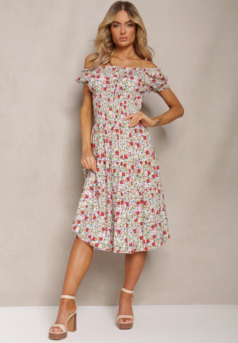 airisa Rochie Midi Alb-Roz Hispanka din Bumbac cu Model Floral Assetni