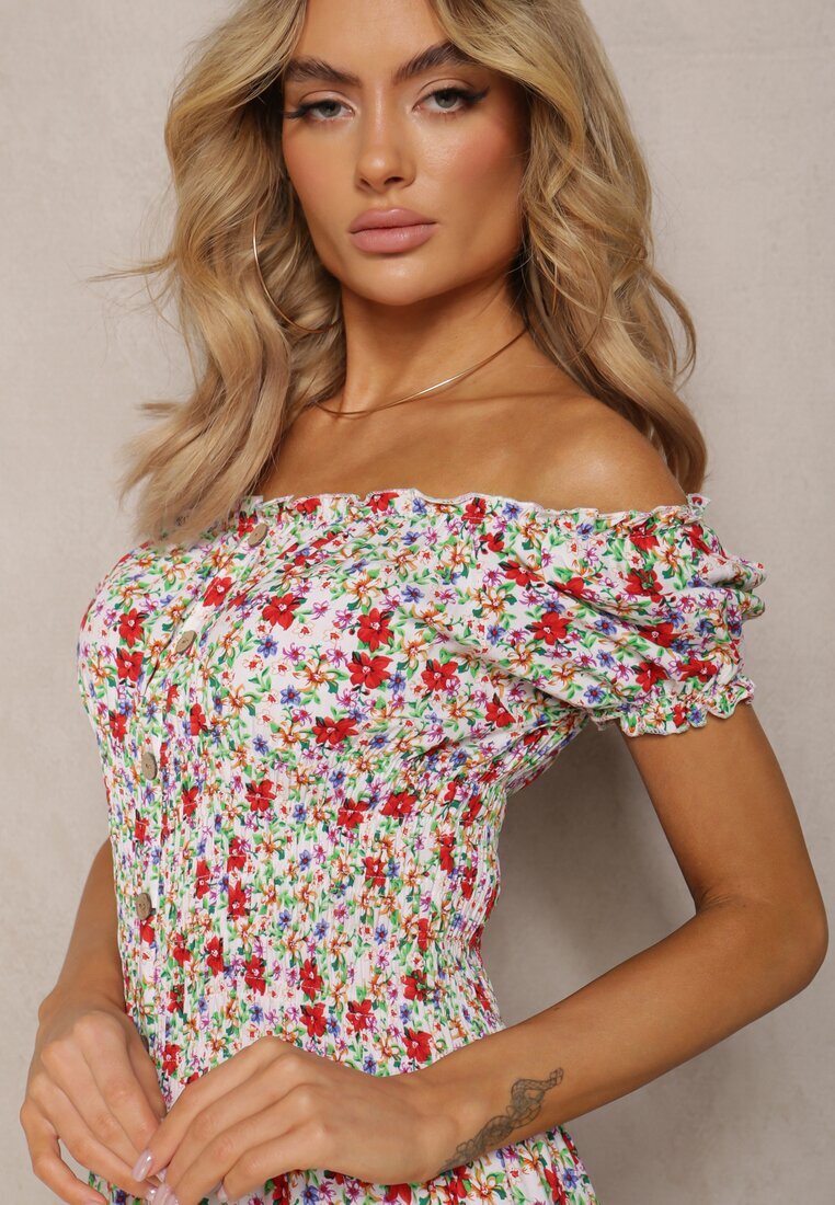 airisa Rochie Midi Alb-Roz Hispanka din Bumbac cu Model Floral Assetni